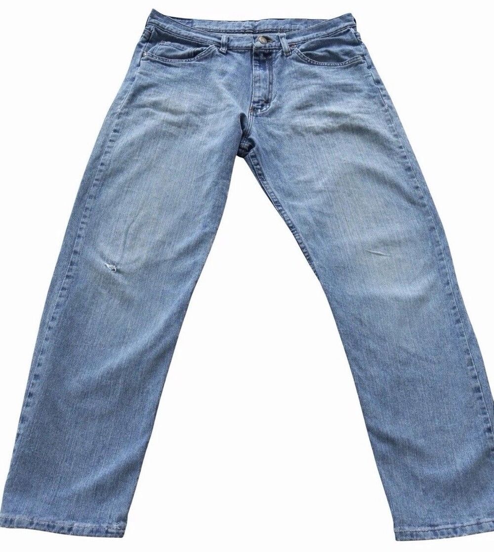 Wrangler Jeans Mens 33x30 Light Wash Straight Leg Distressed Y2K Broken In Denim